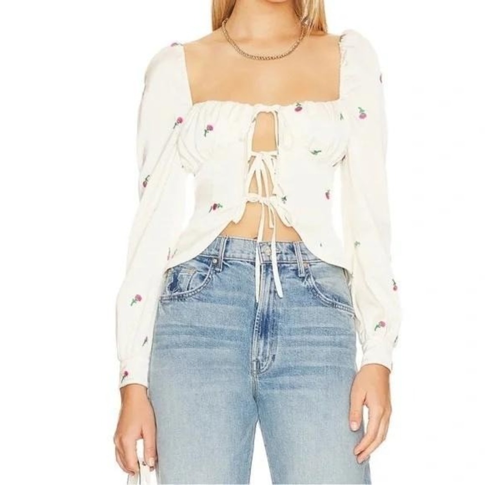 Majorelle Waldorf Top in Ivory & Pink Women's Xs *Flaws* Long Sleeve tie Front